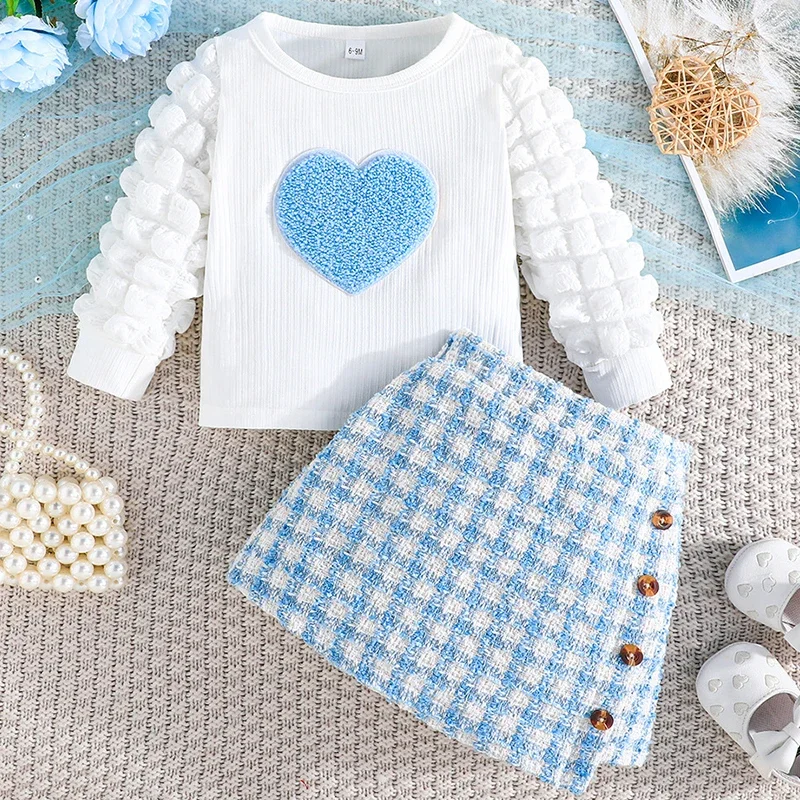 Spring Toddler Girl Clothes Korean Cute Love Long Sleeve Cotton Tops+Plaid Skirt Children's Sets Baby Boutique Clothing BC662
Spring Toddler Girl Clothes Korean Cute Love Long Sleeve Cotton Tops+Plaid Skirt Children's Sets Baby Boutique Clothing BC662