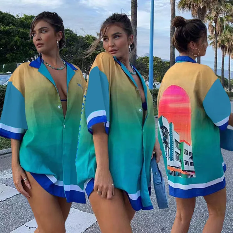 Ladies Street Korean Casual Shirt Summer Gradient Printing Half Sleeve Lapel Single-Breasted Unique Oversized Women Tee Party
Ladies Street Korean Casual Shirt Summer Gradient Printing Half Sleeve Lapel Single-Breasted Unique Oversized Women Tee Party