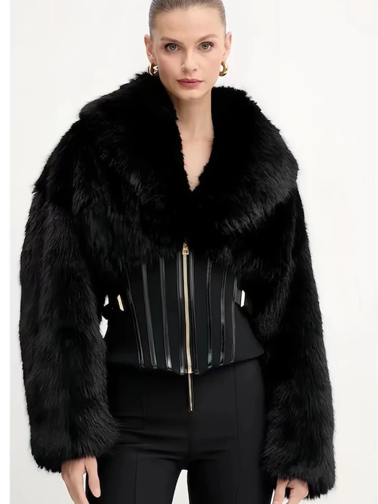 Elegant Glossy Short Black Fur Coat with Fishbone Splicing Metal Zipper Waist Slimming Large Fur Collar Eco-friendly Leather
Elegant Glossy Short Black Fur Coat with Fishbone Splicing Metal Zipper Waist Slimming Large Fur Collar Eco-friendly Leather