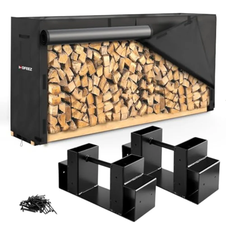 Firewood Log Rack and 8ft Cover Combo Wood Racks Holder for Wood Storage Outdoor Powder-coated Finish for Weather Resistant