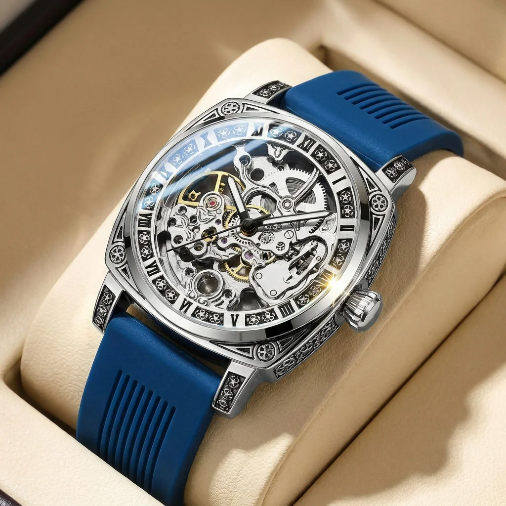 1pcs Men's blue dial silicone strap vintage fashion skeleton gear luxury details Mechanical Watch for business party holiday
1pcs Men's blue dial silicone strap vintage fashion skeleton gear luxury details Mechanical Watch for business party holiday