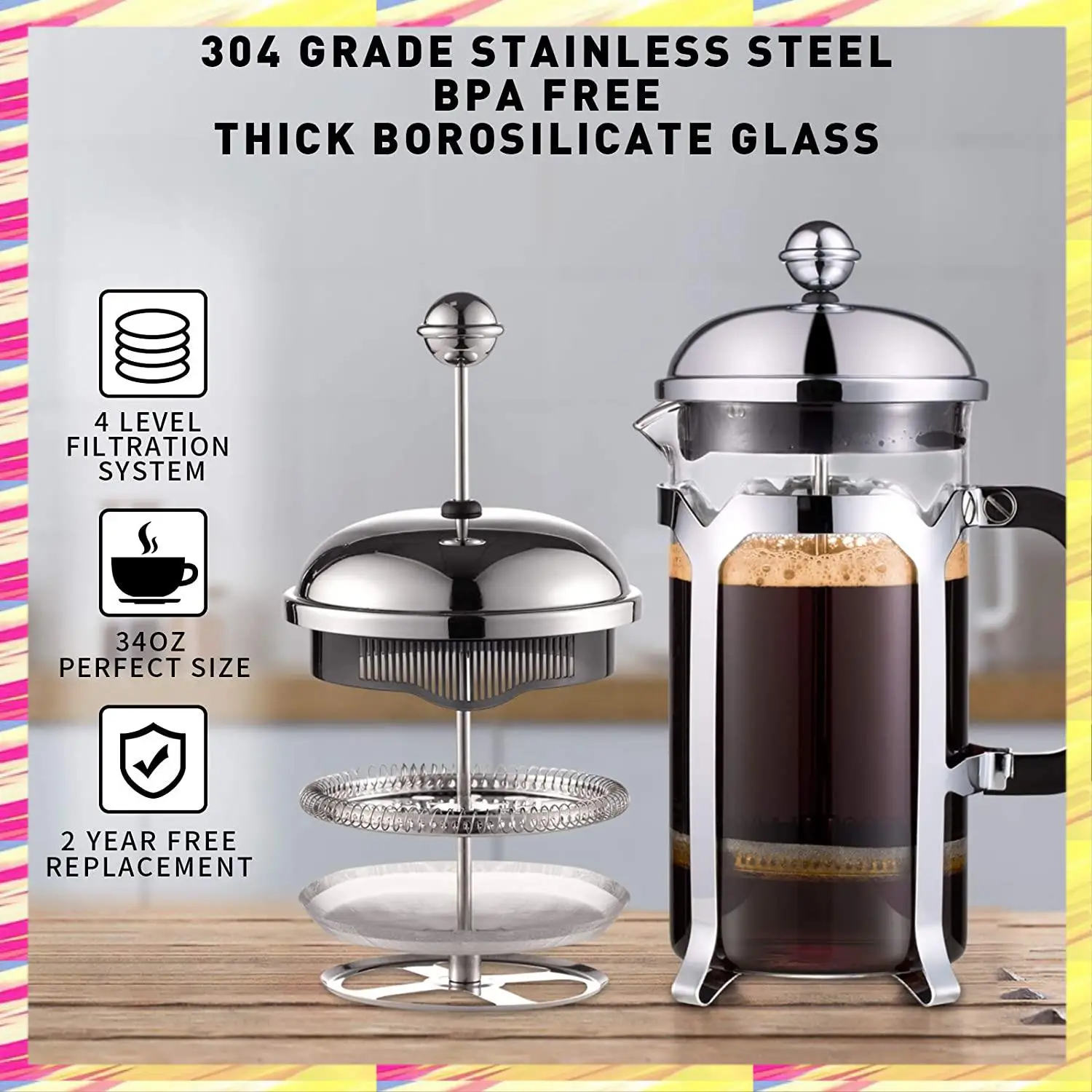 ABJJ French Press Coffee Maker,Press System,Heat Resistant Thickened Borosilicate Glass,Durable Easy Clean
ABJJ French Press Coffee Maker,Press System,Heat Resistant Thickened Borosilicate Glass,Durable Easy Clean
