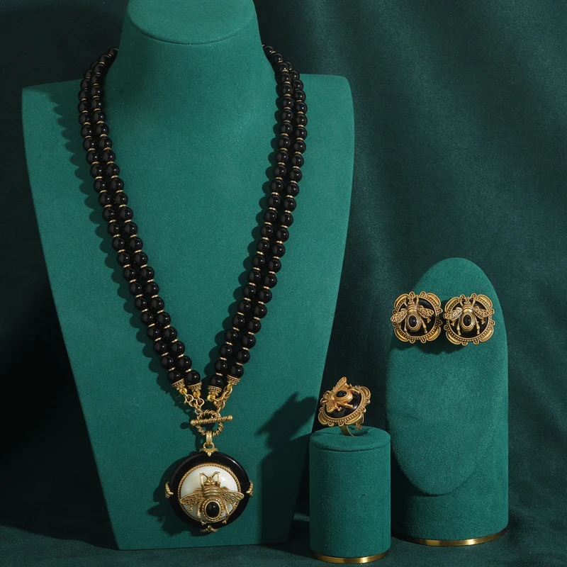 Large Vintage Gold Color Bee Black Jewelry Sets Natural Stone Beads Pendent Necklace Stud Earrings Ring Woman Party Accessories
Large Vintage Gold Color Bee Black Jewelry Sets Natural Stone Beads Pendent Necklace Stud Earrings Ring Woman Party Accessories