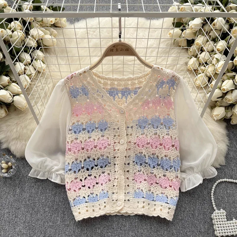 2023 Summer New Temperament V-neck Hollow out Knit Women's Single breasted Loose Puff Sleeve Cardigan Top
2023 Summer New Temperament V-neck Hollow out Knit Women's Single breasted Loose Puff Sleeve Cardigan Top