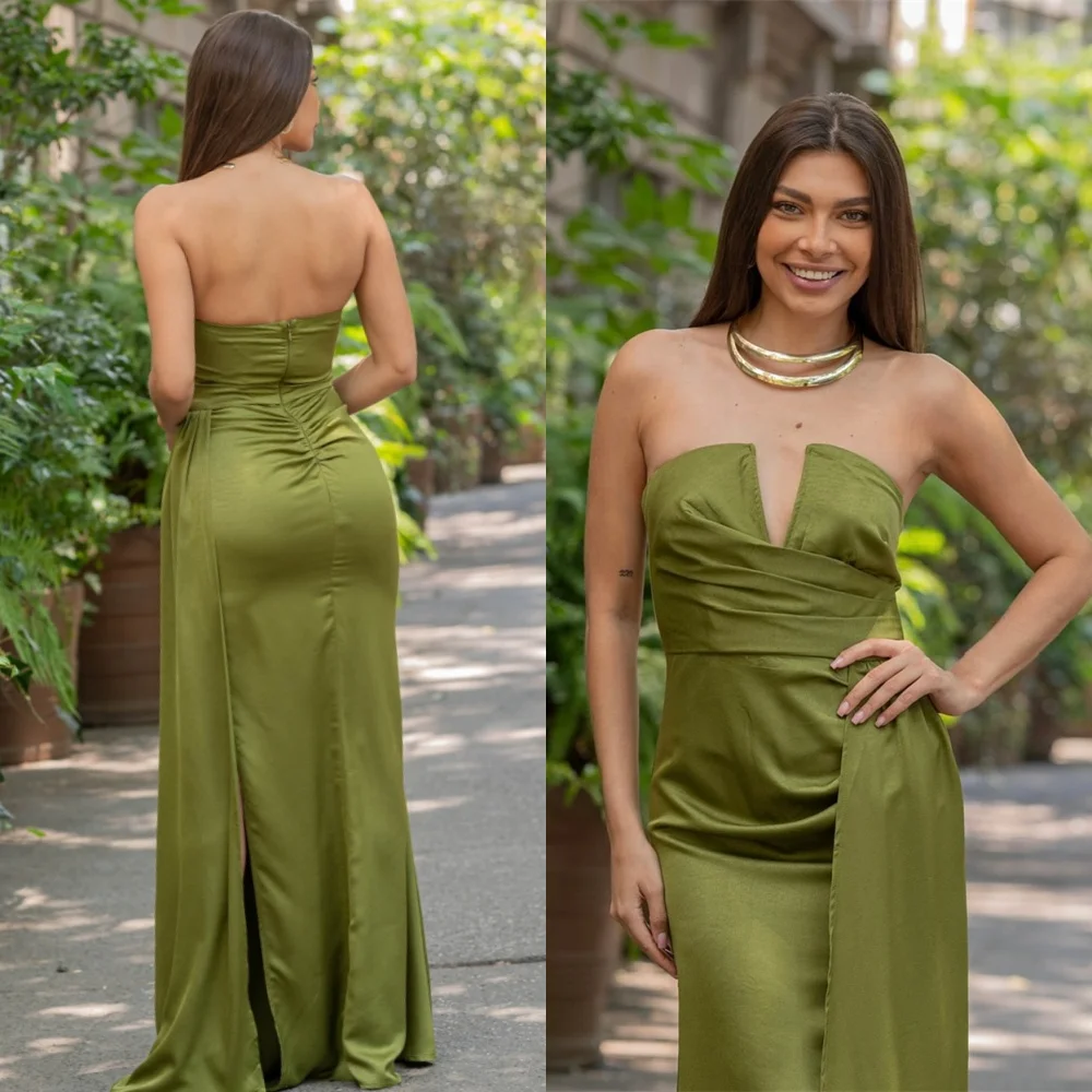 Customized Fashion Green Satin Evening Dress Exquisite Strapless Sleeveless Side Slit Zipper Back Special Occasion Gowns
Customized Fashion Green Satin Evening Dress Exquisite Strapless Sleeveless Side Slit Zipper Back Special Occasion Gowns