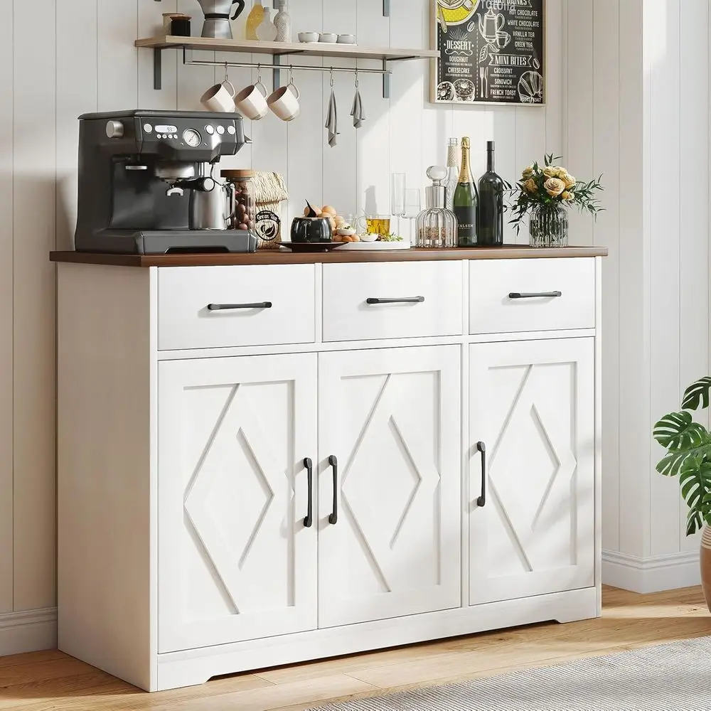 White Wooden Sideboard with 3 Drawers and Adjustable Shelves for Kitchen, Living Room, or Entryway
White Wooden Sideboard with 3 Drawers and Adjustable Shelves for Kitchen, Living Room, or Entryway
