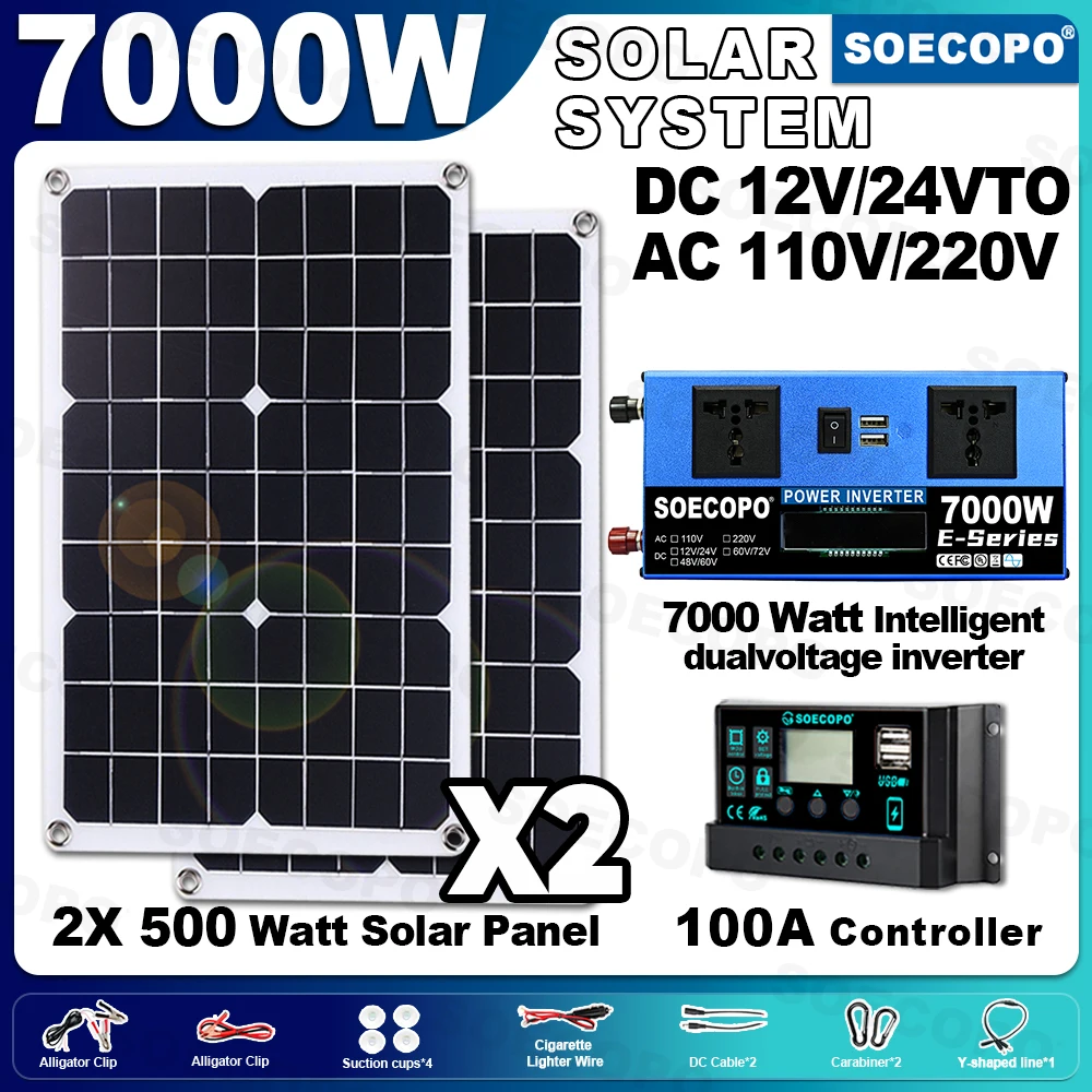 SOECOPO 7000W Solar System Set 2×500W Portable Panels DC 12V/24V To AC 110V/220V Inverter(Dual Outlets) 100A Controller Camping
SOECOPO 7000W Solar System Set 2×500W Portable Panels DC 12V/24V To AC 110V/220V Inverter(Dual Outlets) 100A Controller Camping