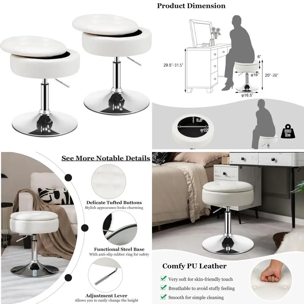 Set of 2 Swivel Vanity Stools, 360° Rotation, Adjustable 20-26 Height, Round PU Leather Ottoman with Storage, White
Set of 2 Swivel Vanity Stools, 360° Rotation, Adjustable 20-26 Height, Round PU Leather Ottoman with Storage, White