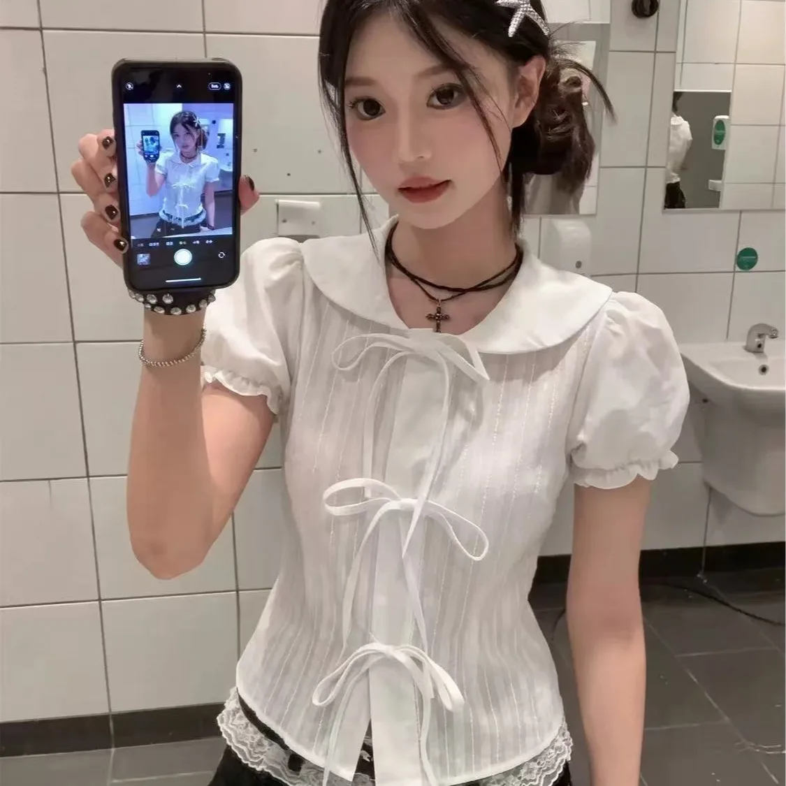 Summer Slim Fit Short Sleeve Shirt Women's Design Knot Belt Bubble Sleeve Top Fashionable Versatile Stylish Shirt
Summer Slim Fit Short Sleeve Shirt Women's Design Knot Belt Bubble Sleeve Top Fashionable Versatile Stylish Shirt