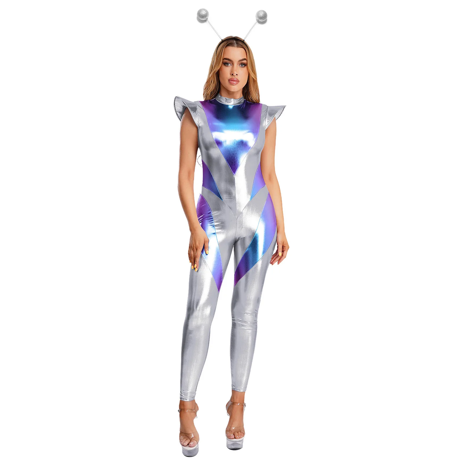 Women Alien Astronaut Spaced Cosplay Unitard with Hair Loop Set Fly Sleeve Leggings Pants Shiny Jumpsuit for Halloween Party
Women Alien Astronaut Spaced Cosplay Unitard with Hair Loop Set Fly Sleeve Leggings Pants Shiny Jumpsuit for Halloween Party