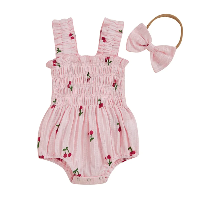 Baby Girls Summer Romper Cherry Print Seeveless Suspender Smocked Jumpsuit with Bow Headband
Baby Girls Summer Romper Cherry Print Seeveless Suspender Smocked Jumpsuit with Bow Headband