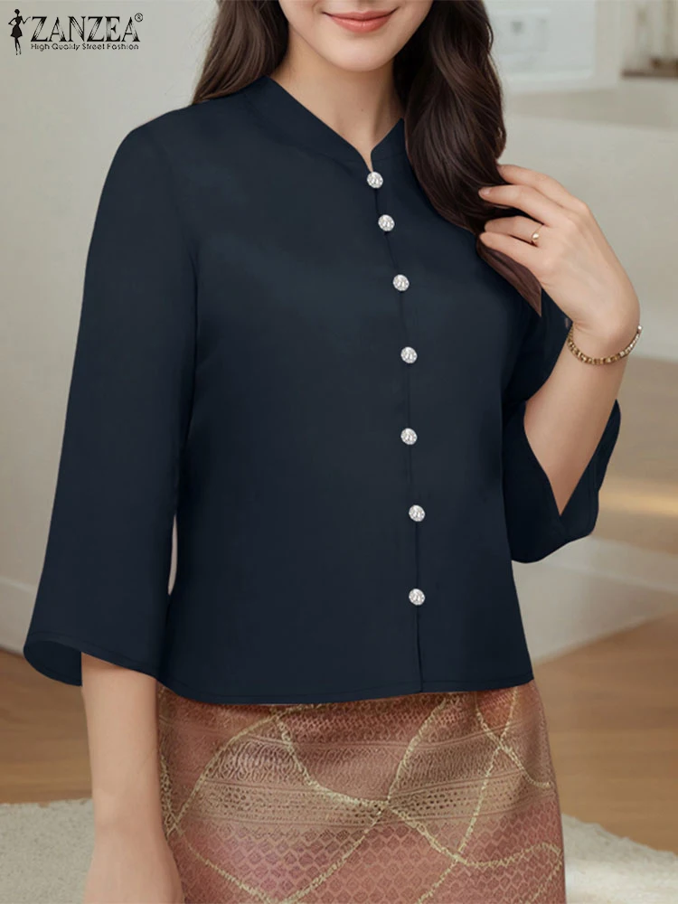 2025 Autumn Office Shirts ZANZEA Women Stand Neck 3/4 Sleeve Blouses Elegant Solid Buttons Tops Female Work OL Blusas Oversize
2025 Autumn Office Shirts ZANZEA Women Stand Neck 3/4 Sleeve Blouses Elegant Solid Buttons Tops Female Work OL Blusas Oversize