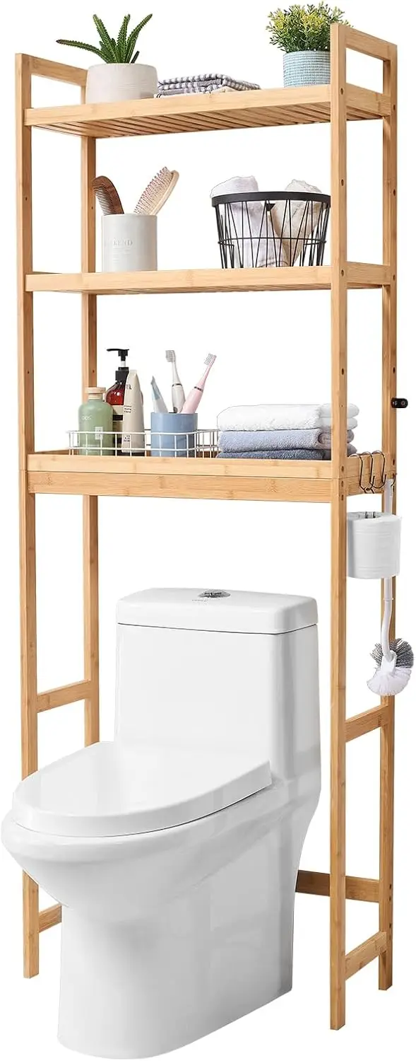Over The Toilet Storage, 3-Tier Adjustable Over Toilet Bathroom Organizer, Bamboo Storage Shelf Rack with 3 Hooks, Freestandi
Over The Toilet Storage, 3-Tier Adjustable Over Toilet Bathroom Organizer, Bamboo Storage Shelf Rack with 3 Hooks, Freestandi
