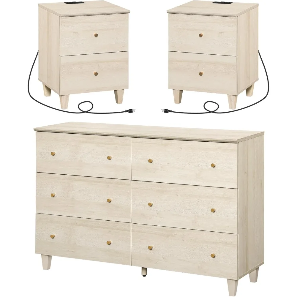 Dresser and Nightstands 3 Pieces, 47.2 Inches Wood Dresser with 6 Drawers, Set of 2 Night Stands with Drawers and Charging Stat
Dresser and Nightstands 3 Pieces, 47.2 Inches Wood Dresser with 6 Drawers, Set of 2 Night Stands with Drawers and Charging Stat