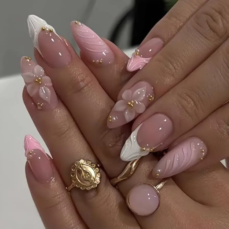 3D Pink Press on Nails Almond - Medium French Tip Fake Nails with Embossed Flower Gold Bead Designs Glossy Finish Reusable Fals
3D Pink Press on Nails Almond - Medium French Tip Fake Nails with Embossed Flower Gold Bead Designs Glossy Finish Reusable Fals