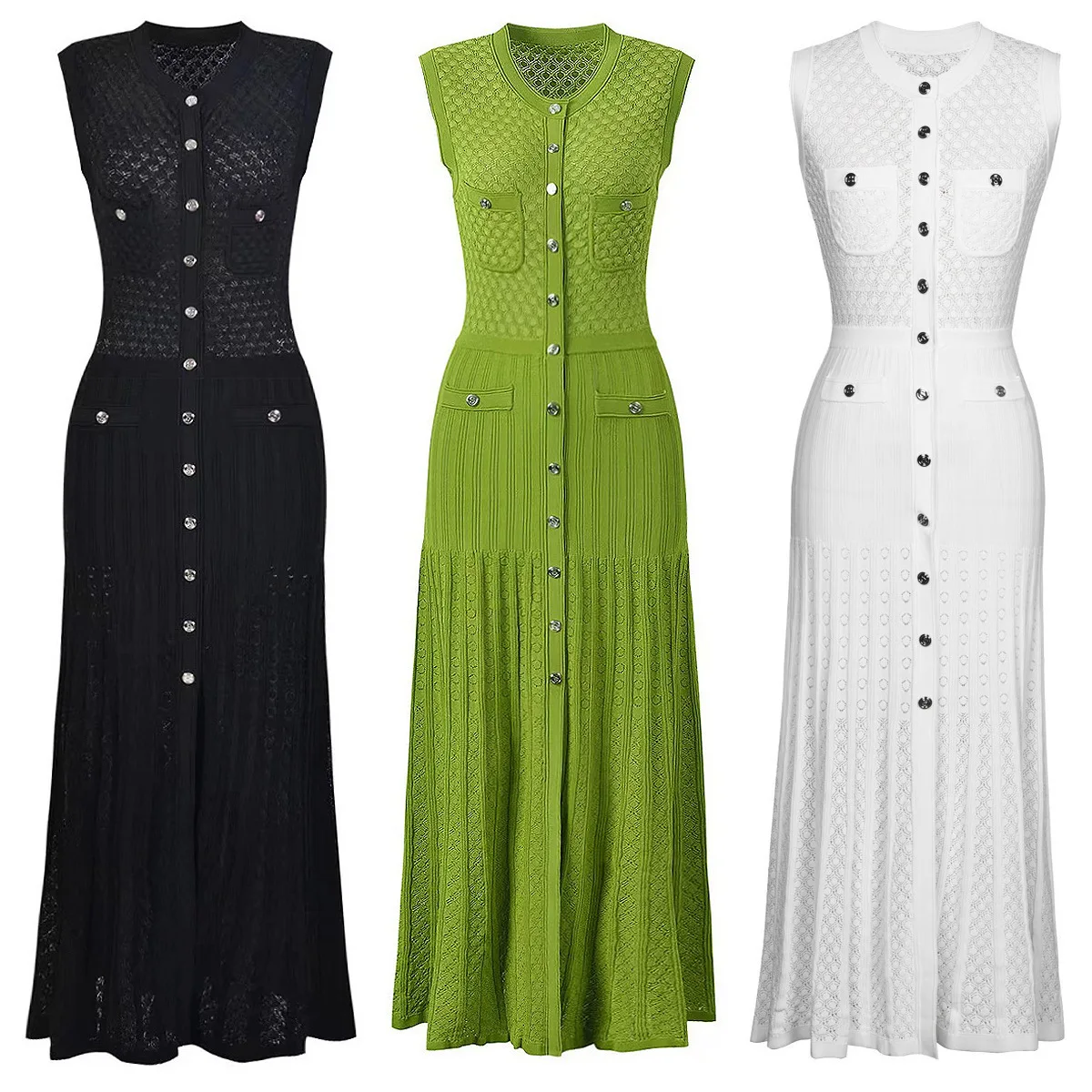 Summer High-quality Hollow Knitted Dress with O Neck Sleeveless Single-breasted Slit Vest Skirt Slim Waisted Cardigan Long Skirt
Summer High-quality Hollow Knitted Dress with O Neck Sleeveless Single-breasted Slit Vest Skirt Slim Waisted Cardigan Long Skirt