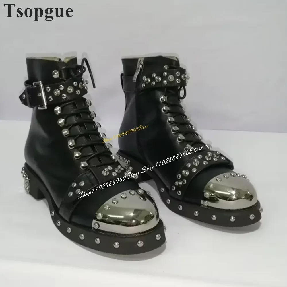 Splicing Black Cross Tied Buckle Strap Rivet Ankle Boots Flat With Women Shoes Buckle Strap Round Toe 2024 Zapatos Para Mujere 
Splicing Black Cross Tied Buckle Strap Rivet Ankle Boots Flat With Women Shoes Buckle Strap Round Toe 2024 Zapatos Para Mujere