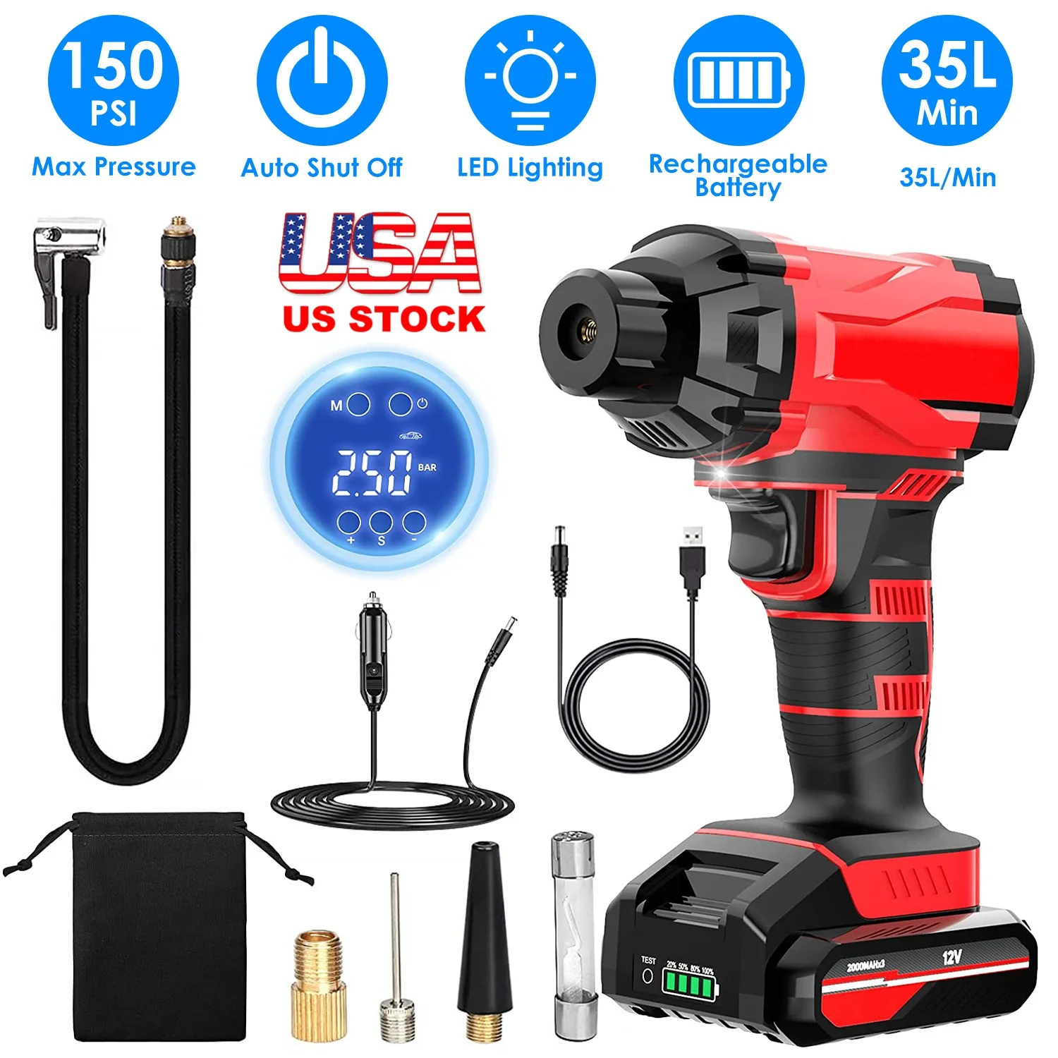 US Stock 150PSI Cordless Car Tire Inflator Portable Air Compressor 12V Electric Air Pump Rechargeable Smart Auto-Off Emergency Tire Pump for Car Tires Bicycle Motorcycle Balls
US Stock 150PSI Cordless Car Tire Inflator Portable Air Compressor 12V Electric Air Pump Rechargeable Smart Auto-Off Emergency Tire Pump for Car Tires Bicycle Motorcycle Balls