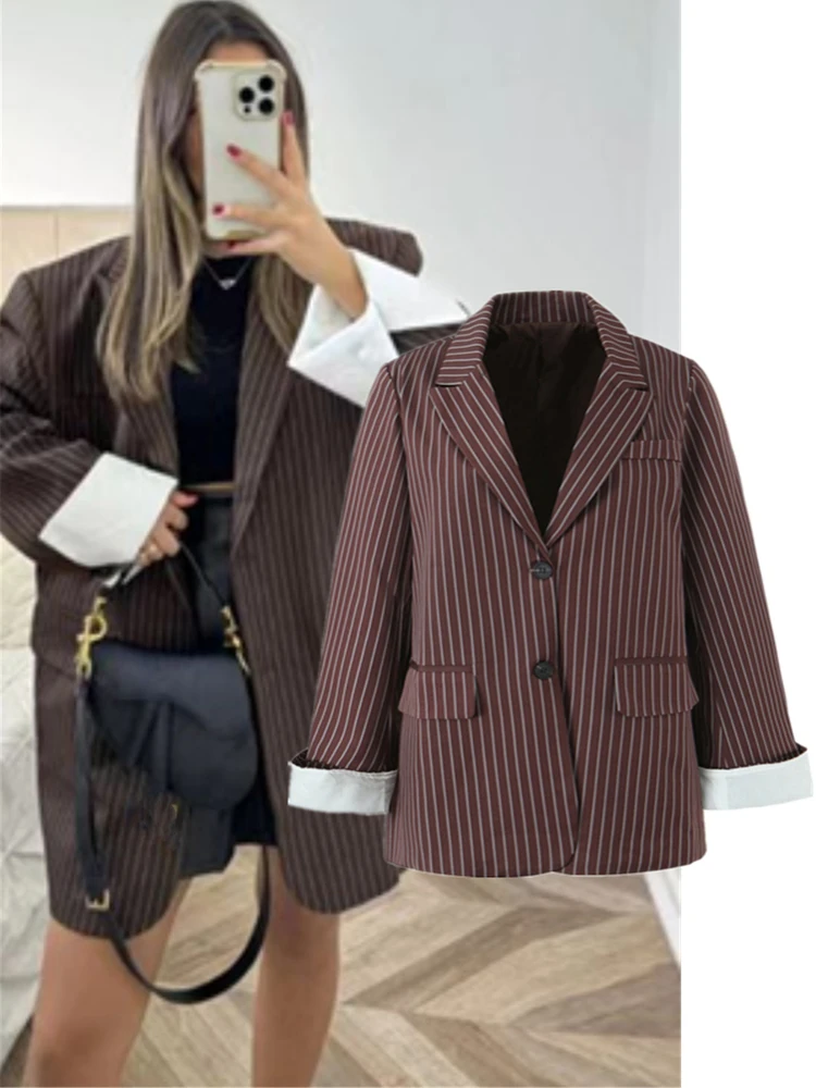 Винтажный свободный костюм Long Sve в коричневую полоску Jaet, женские модные блоггеры Sle, классическая универсальная верхняя одежда на двух пуговицах
Винтажный свободный костюм Long Sve в коричневую полоску Jaet, женские модные блоггеры Sle, классическая универсальная верхняя одежда на двух пуговицах