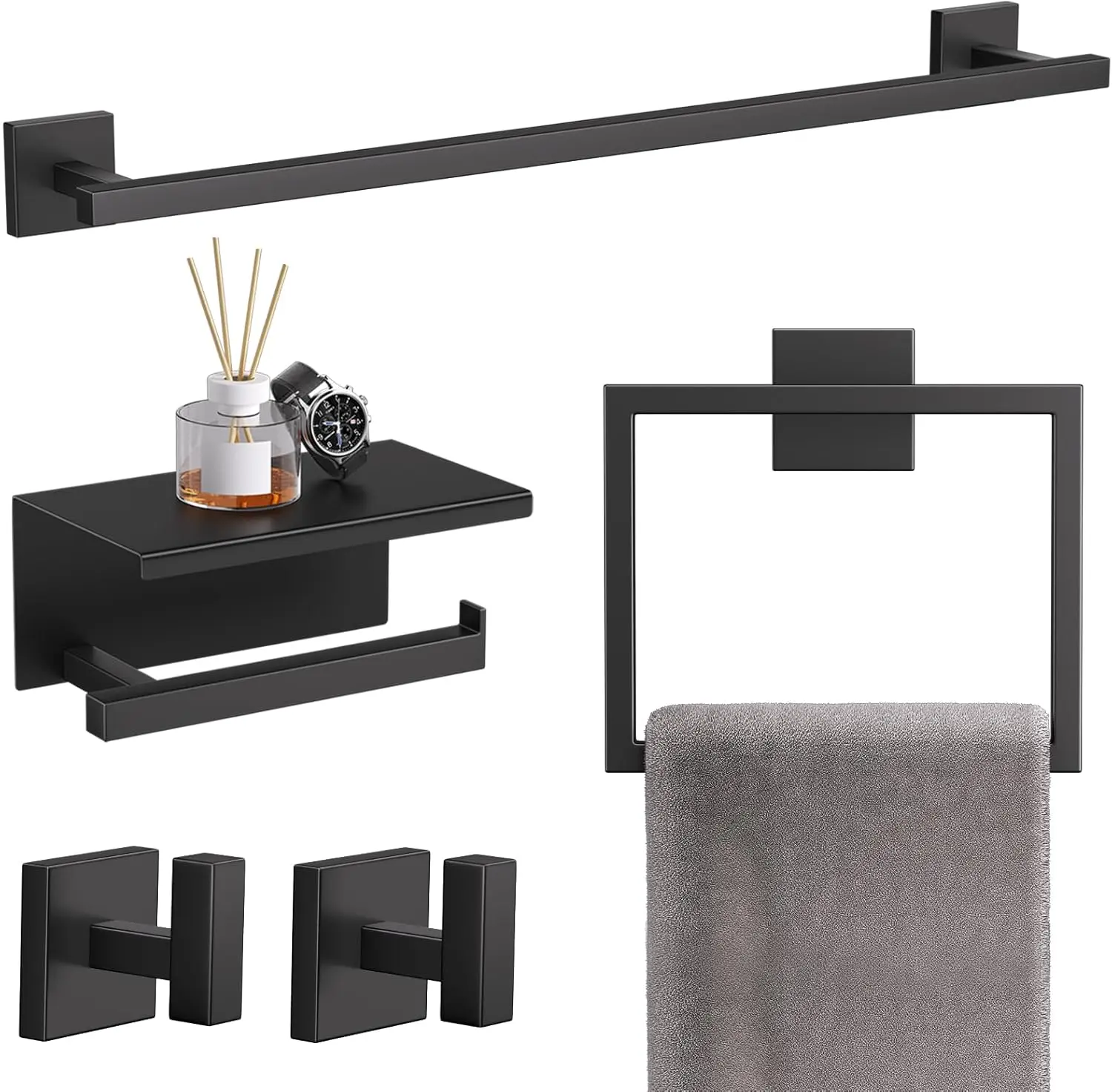 5-Piece Matte Black Bathroom Hardware Set with Towel Bar, Ring, Paper Holder, and Hooks in Stainless Steel
5-Piece Matte Black Bathroom Hardware Set with Towel Bar, Ring, Paper Holder, and Hooks in Stainless Steel