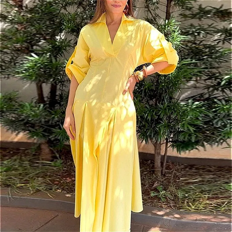 Women Summer Dresses 2025 Fashion Turn Down Collar Solid Long Dress Maxi Dresses
Women Summer Dresses 2025 Fashion Turn Down Collar Solid Long Dress Maxi Dresses