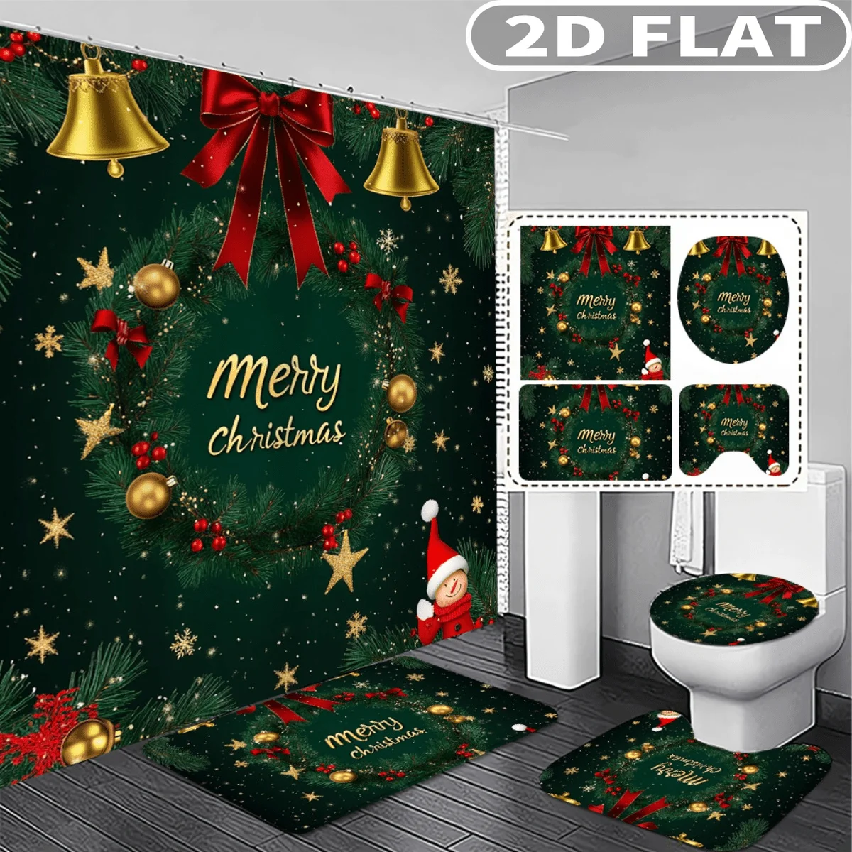 4pcs 2D FLAT Green Merry Christmas Wreath Bells Shower Curtain Set, with 3pc Bath Mat and 1pc Curtains Perfect for Home Decor
4pcs 2D FLAT Green Merry Christmas Wreath Bells Shower Curtain Set, with 3pc Bath Mat and 1pc Curtains Perfect for Home Decor
