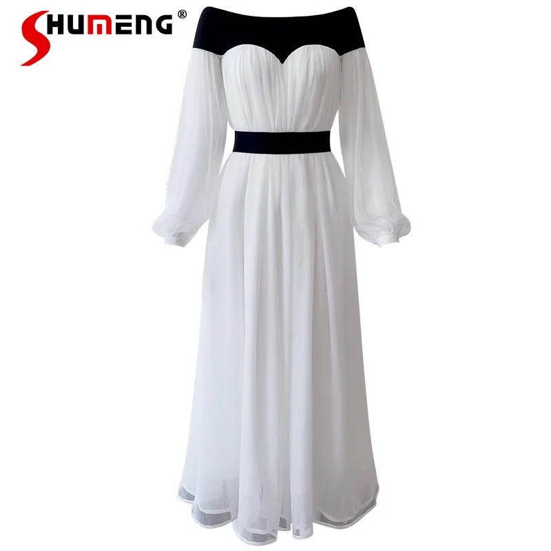 Women's French-Style Elegant Sexy Off-Neck Dress Flab Hiding Lantern Long Sleeve Black White Contrast-Color Chiffon Dress Mujer
Women's French-Style Elegant Sexy Off-Neck Dress Flab Hiding Lantern Long Sleeve Black White Contrast-Color Chiffon Dress Mujer