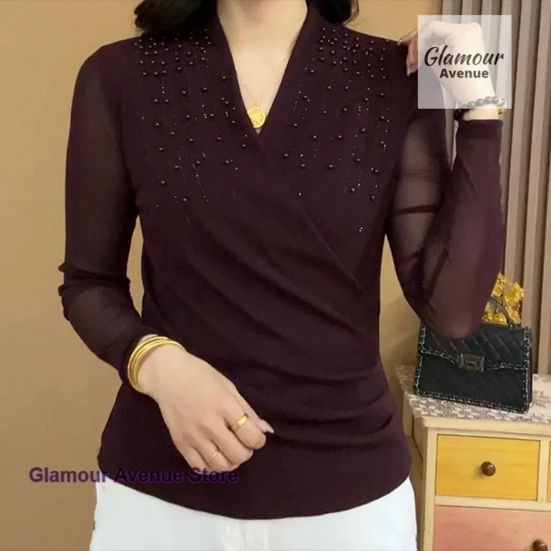 French long-sleeved gauze fashion temperament cross collar bottoming shirt women's summer new casual beaded solid color top
French long-sleeved gauze fashion temperament cross collar bottoming shirt women's summer new casual beaded solid color top