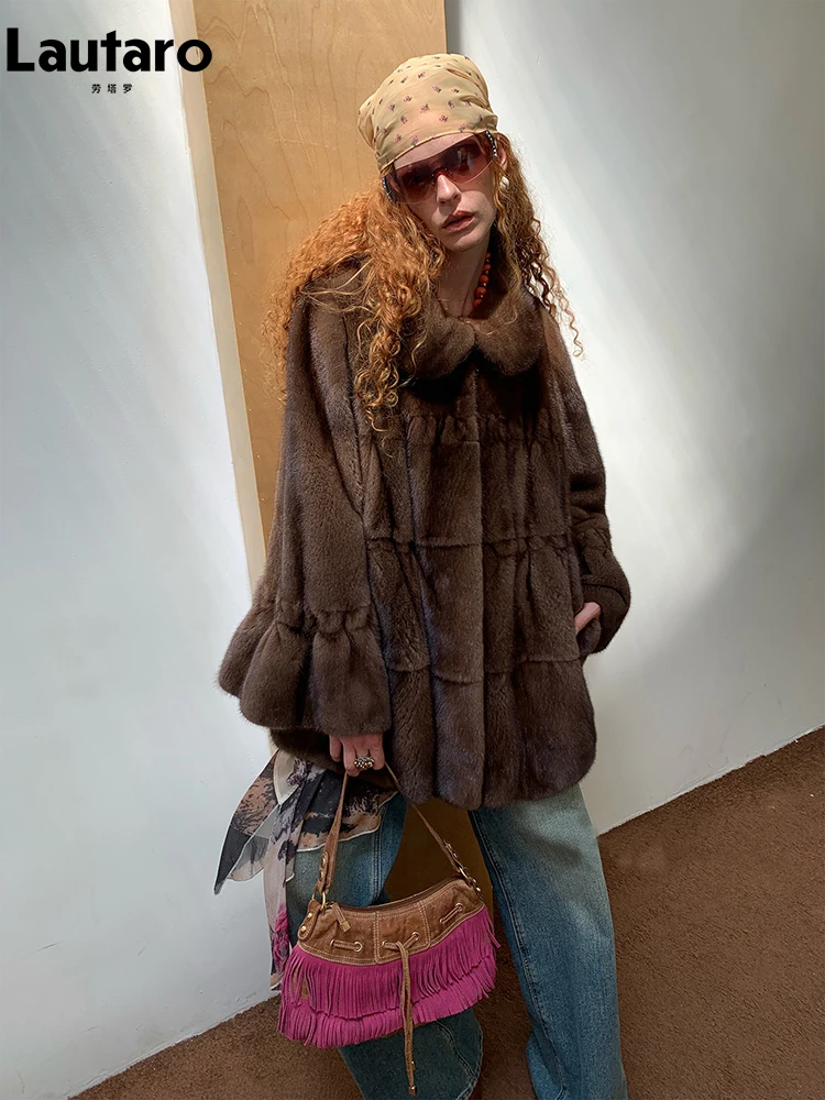 Lautaro Autumn Winter Warm Brown Skirted Faux Mink Fur Coat Women Peter Pan Collar Flare Sleeve Elegant Luxury Fluffy Overcoat
Lautaro Autumn Winter Warm Brown Skirted Faux Mink Fur Coat Women Peter Pan Collar Flare Sleeve Elegant Luxury Fluffy Overcoat