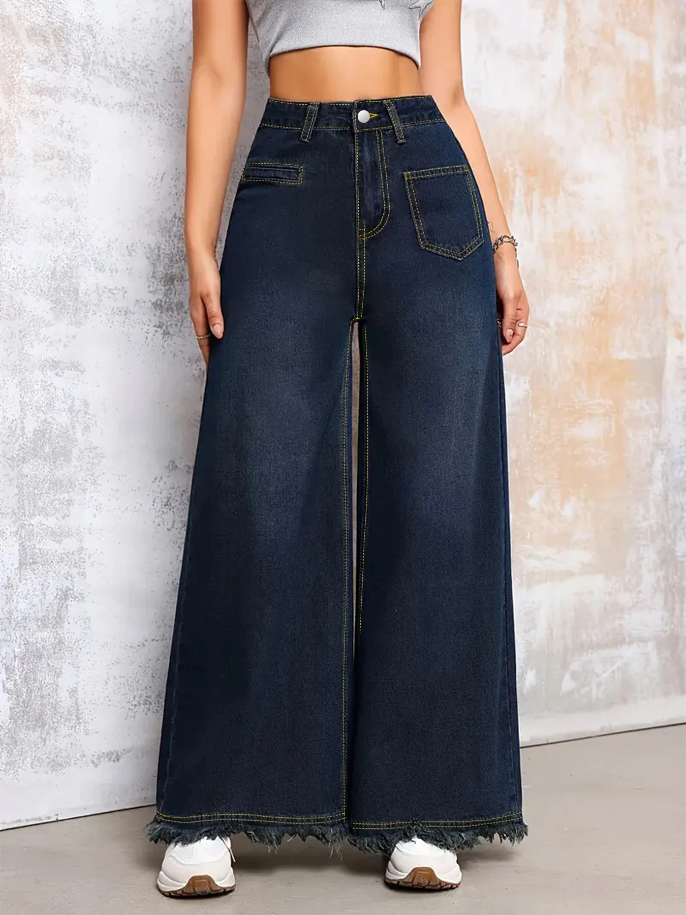 Plus Size Women's Mid Rise Dark Denim Wide Leg Jeans, Raw Frayed Hem, Contrast Stitch Casual Loose Vintage Long Trousers
Plus Size Women's Mid Rise Dark Denim Wide Leg Jeans, Raw Frayed Hem, Contrast Stitch Casual Loose Vintage Long Trousers