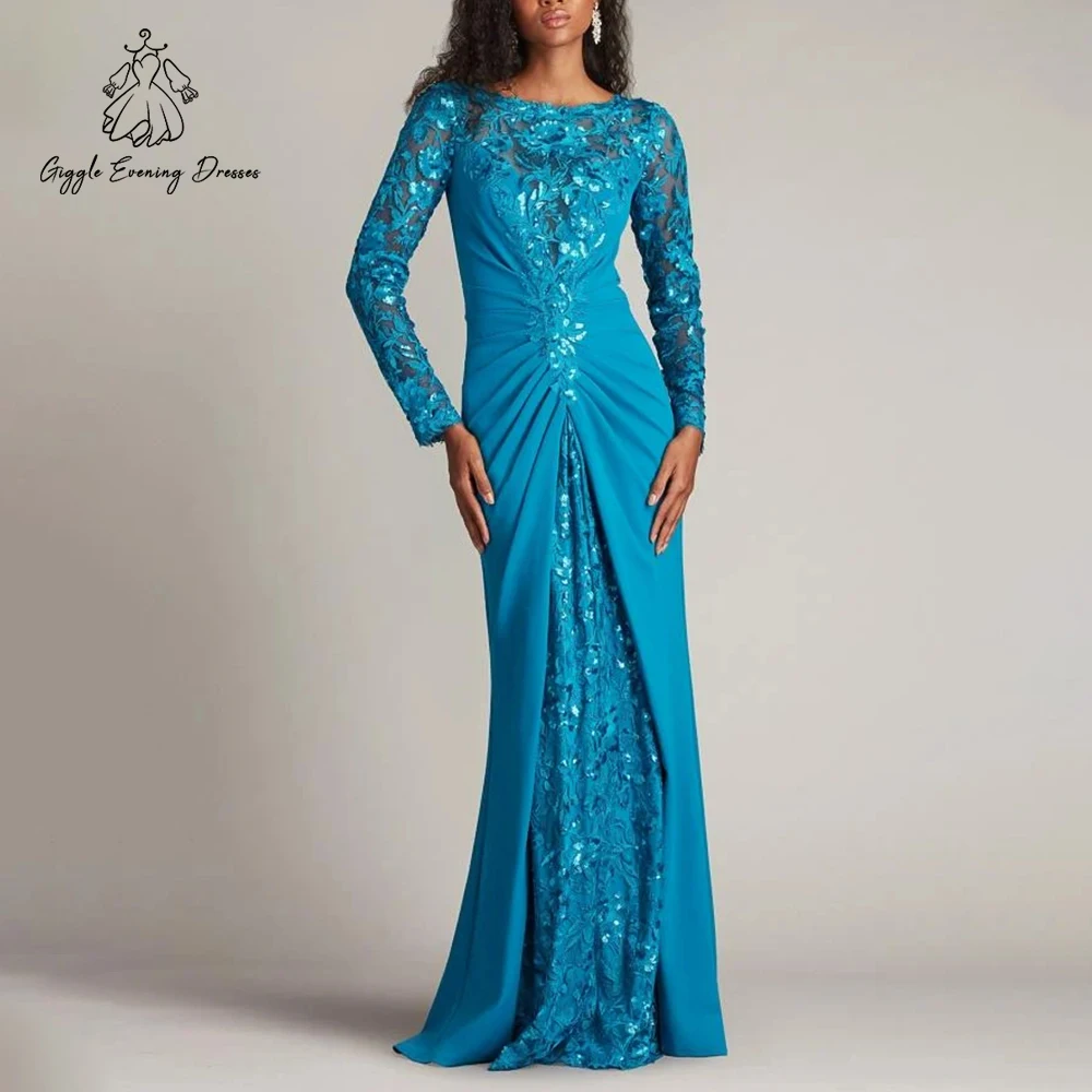 Giggle Elegant Women Mermaid Evening Party Dresses Scoop Neck Full Sleeve Lace Pleats Blue Mother of Bride Dress Customized
Giggle Elegant Women Mermaid Evening Party Dresses Scoop Neck Full Sleeve Lace Pleats Blue Mother of Bride Dress Customized