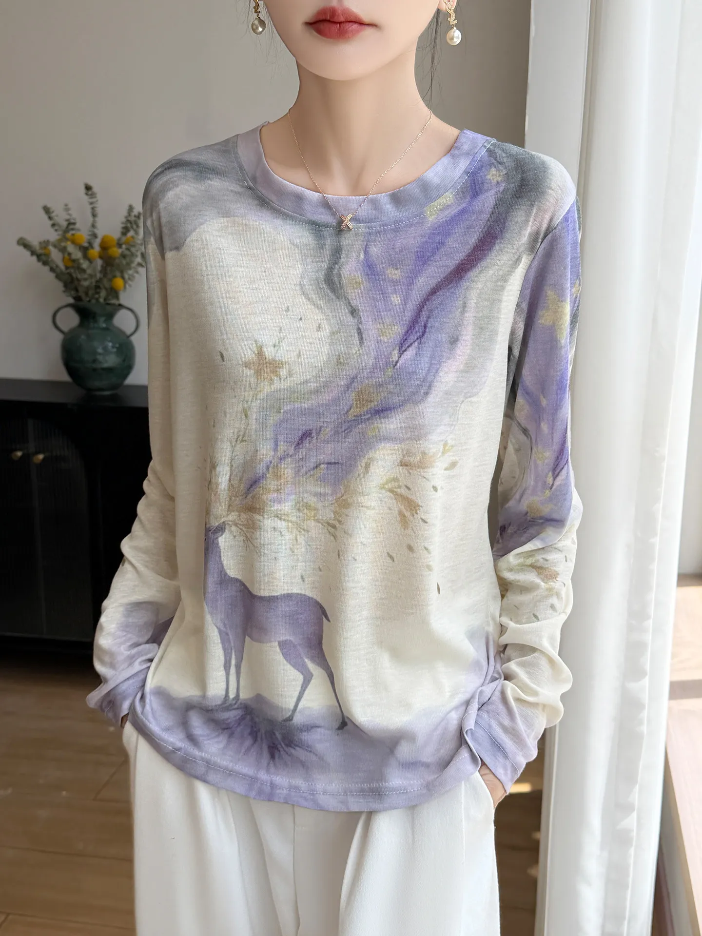 Summer Lightweight round Neck Long Sleeve T-Shirt Women's Printed Gradient Dyeing Breathable Air Conditioning Base Top
Summer Lightweight round Neck Long Sleeve T-Shirt Women's Printed Gradient Dyeing Breathable Air Conditioning Base Top