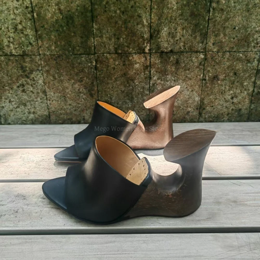 Wooden Wedge High Heels Slippers for Women 2025 Summer New Black Leather Open Round Toe Heelless Sandals Half Shoes Size 42 
Wooden Wedge High Heels Slippers for Women 2025 Summer New Black Leather Open Round Toe Heelless Sandals Half Shoes Size 42