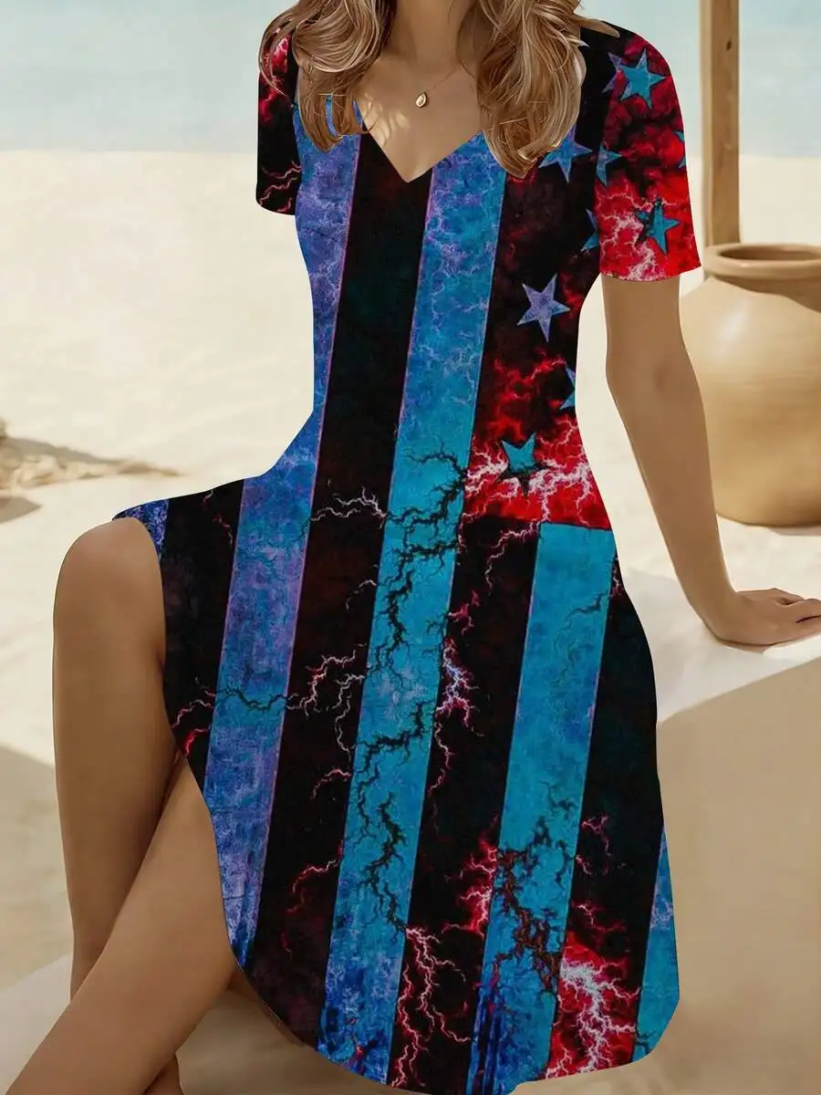 Abstract Stripes And Stars Print Women V Neck Short Sleeve Dress Breathable Casual Beach Vacation Outfit
Abstract Stripes And Stars Print Women V Neck Short Sleeve Dress Breathable Casual Beach Vacation Outfit