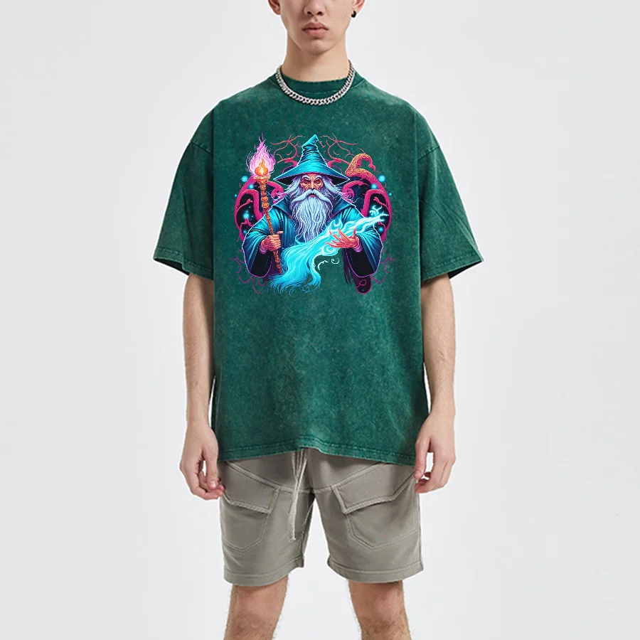 Wizard Magic Theme Graphic Printed Washed T Shirt For Men, Y2K Streetwear Short Sleeve Sweatshirt, Unisex Casual Loose T-Shirts
Wizard Magic Theme Graphic Printed Washed T Shirt For Men, Y2K Streetwear Short Sleeve Sweatshirt, Unisex Casual Loose T-Shirts