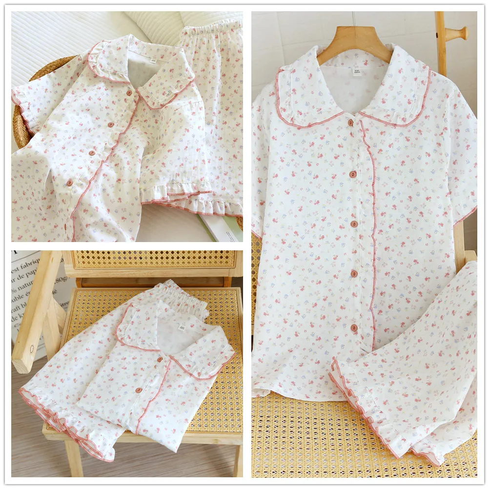 Summer Sweet Doll Collar Home Clothes Cotton Gauze Women's Floral Printed Short Sleeve Tops Shorts 2 Pcs Pajamas Set
Summer Sweet Doll Collar Home Clothes Cotton Gauze Women's Floral Printed Short Sleeve Tops Shorts 2 Pcs Pajamas Set