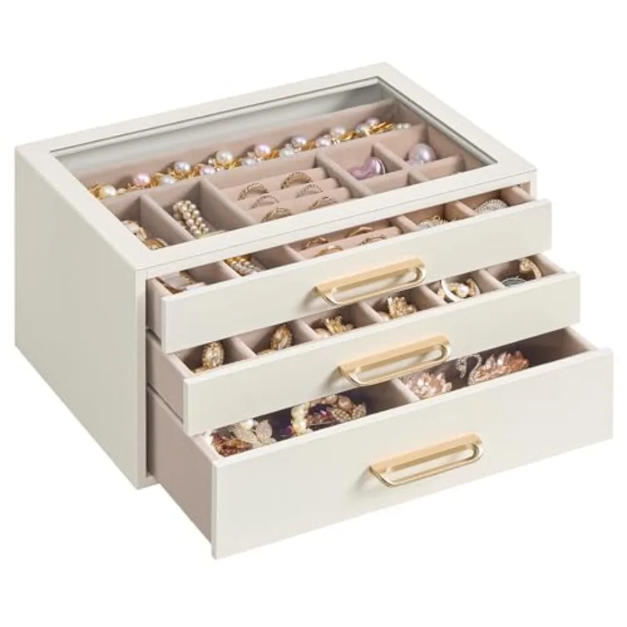3-Layer Jewelry Box with Glass Window, Jewelry Storage Organizer with 3 Drawers, Golden Handles, for Rings, Earrings, Bracelets
3-Layer Jewelry Box with Glass Window, Jewelry Storage Organizer with 3 Drawers, Golden Handles, for Rings, Earrings, Bracelets