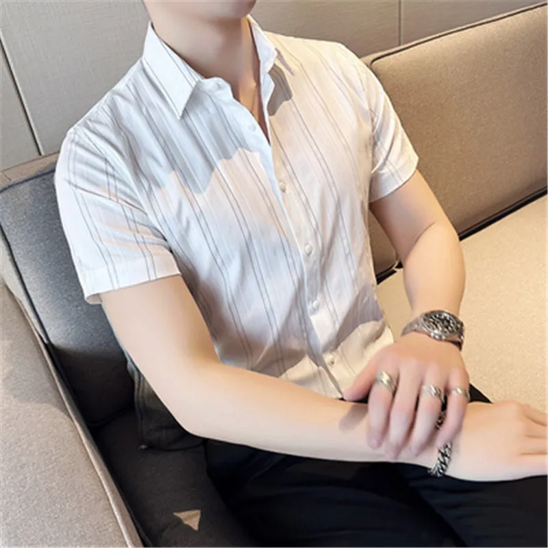 Striped Shirts and Blouses Man Summer Short Sleeve Tops Slim Fit Men's Plain Shirt White Turn-down Collar Male Clothes Camisa
Striped Shirts and Blouses Man Summer Short Sleeve Tops Slim Fit Men's Plain Shirt White Turn-down Collar Male Clothes Camisa