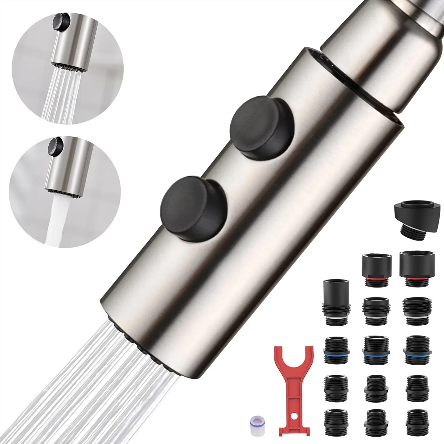 Metal Kitchen Faucet Head Replacement with 15 Adapters, Pull Down Spray Head 2 Function Stainless Steel Brushed Nickel for
Metal Kitchen Faucet Head Replacement with 15 Adapters, Pull Down Spray Head 2 Function Stainless Steel Brushed Nickel for