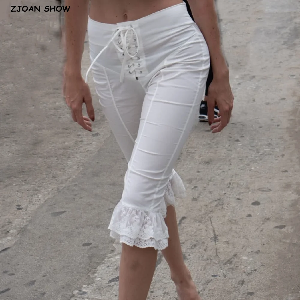 2025 Fashion White Cross Lacing up Bow Low Waist Knee Length Pants Woman 2 Layers Wood ears Lace Cuff Trousers Summer Bottom
2025 Fashion White Cross Lacing up Bow Low Waist Knee Length Pants Woman 2 Layers Wood ears Lace Cuff Trousers Summer Bottom