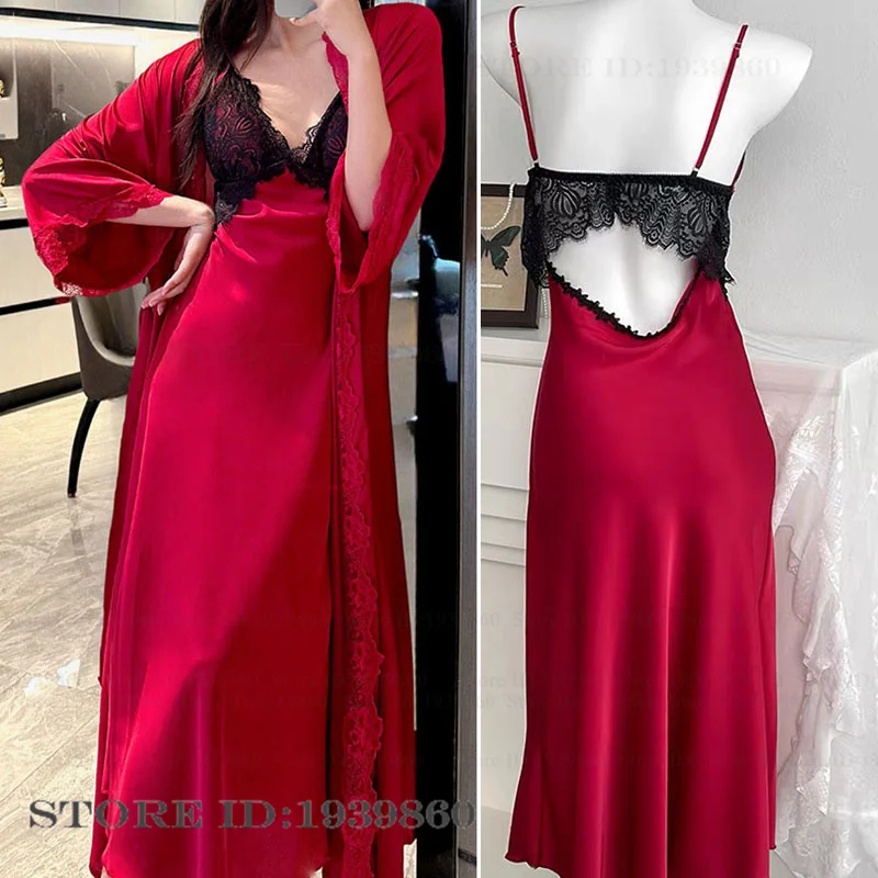 Sexy Patchwork Lace Long Robe Nightgown 2PCS Set Silk Satin Kimono Bathrobe Gown Women Home Dress Sleepwear Elegant Lounge Wear
Sexy Patchwork Lace Long Robe Nightgown 2PCS Set Silk Satin Kimono Bathrobe Gown Women Home Dress Sleepwear Elegant Lounge Wear