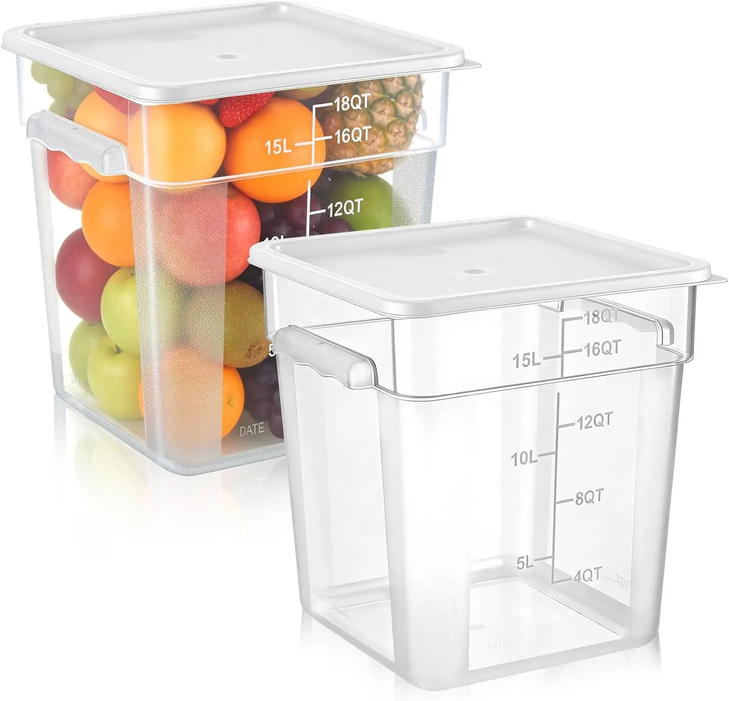 2 Pack 18Qt Clear Polycarbonate Square Food Storage Containers with Lids for Commercial Kitchen, Dough, Meat, Graduations, Handles
2 Pack 18Qt Clear Polycarbonate Square Food Storage Containers with Lids for Commercial Kitchen, Dough, Meat, Graduations, Handles