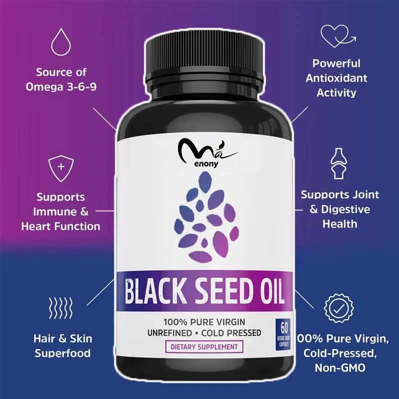 Black Seed Oil Capsules, containing Omega 3 6 9, a super antioxidant used for immune support, joints, digestion, hair, and skin
Black Seed Oil Capsules, containing Omega 3 6 9, a super antioxidant used for immune support, joints, digestion, hair, and skin