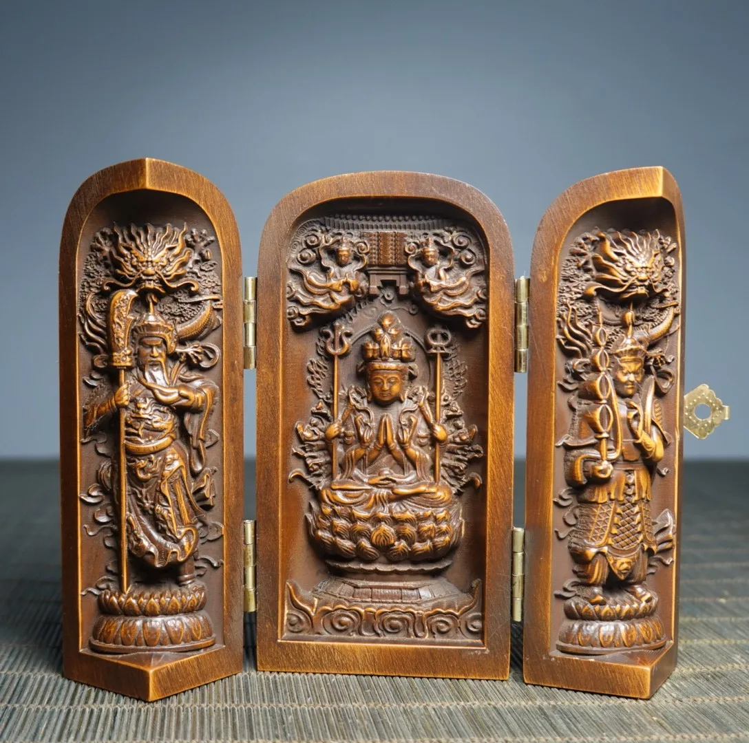 4"Old Boxwood Cundhi bodhisattva Lord Guan Heavenly Kings and Immortals Buddhist niche box screen Wenfang Amass wealth Ornament
4"Old Boxwood Cundhi bodhisattva Lord Guan Heavenly Kings and Immortals Buddhist niche box screen Wenfang Amass wealth Ornament