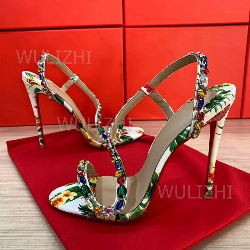 Ethnic Floral Print Colorful Graffiti Sandals Tropical Patent Slingback Jeweled Shoes Ankle Straps Stiletto Heels Beach Footwear
Ethnic Floral Print Colorful Graffiti Sandals Tropical Patent Slingback Jeweled Shoes Ankle Straps Stiletto Heels Beach Footwear