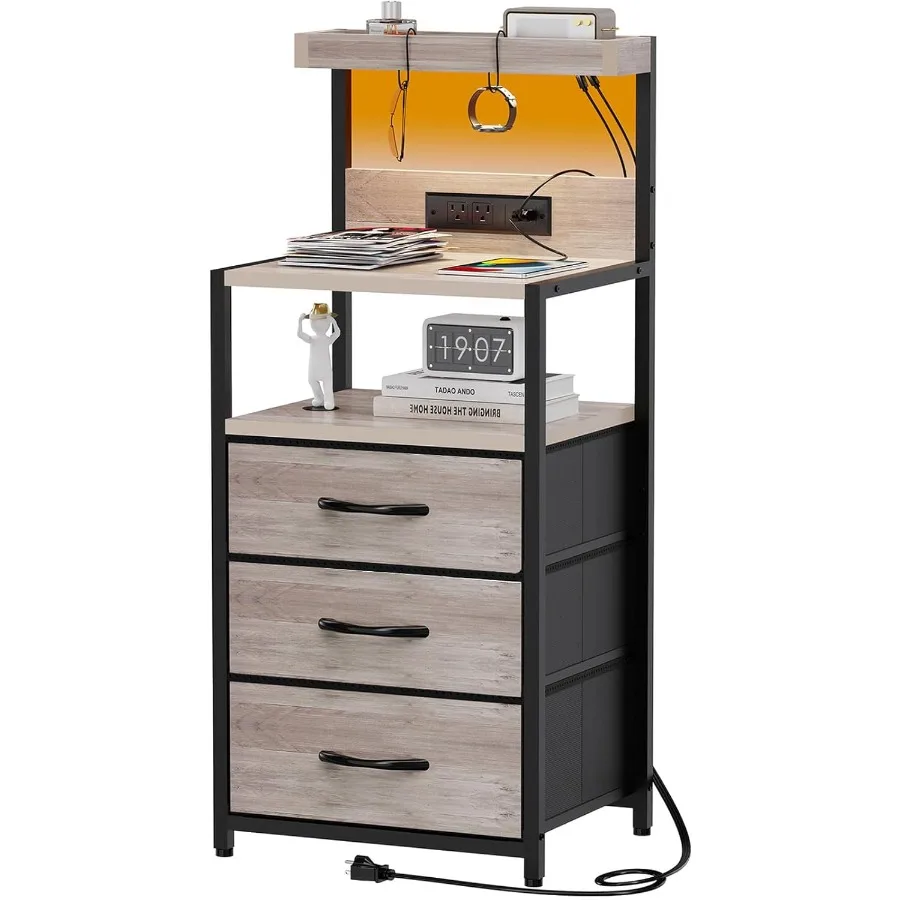 Night Stand with Charger Station 3 Drawers Nightstand with Storage and LED Lights Shelves and Hooks Bed Side End Table for Bedr
Night Stand with Charger Station 3 Drawers Nightstand with Storage and LED Lights Shelves and Hooks Bed Side End Table for Bedr