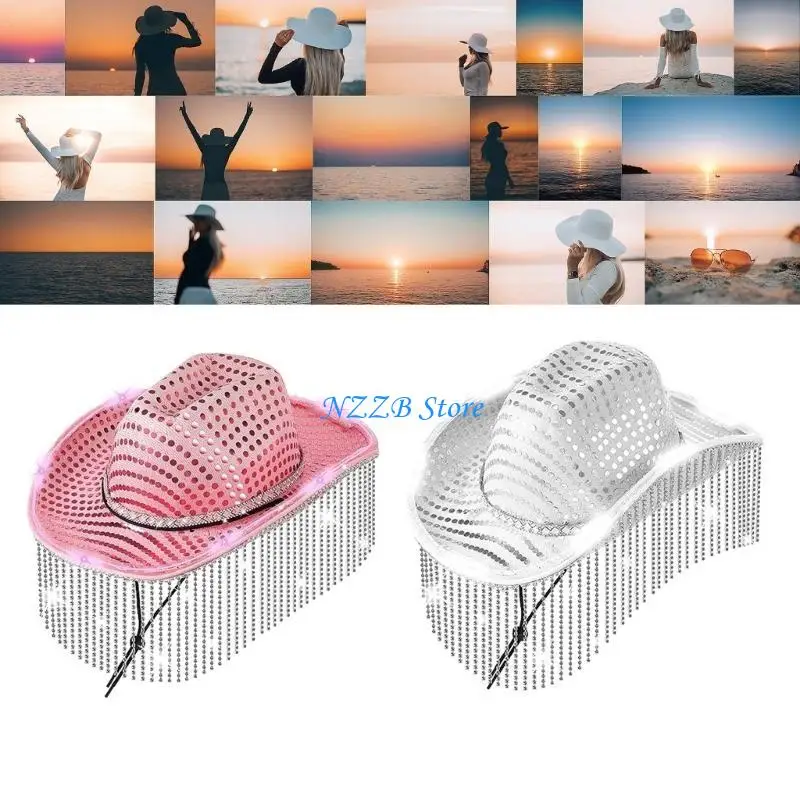 T21F Vacation Cowboy Hat with String Light LED Shining Sequins Gleaming Tassels for Club Carnivals Music Festival
T21F Vacation Cowboy Hat with String Light LED Shining Sequins Gleaming Tassels for Club Carnivals Music Festival