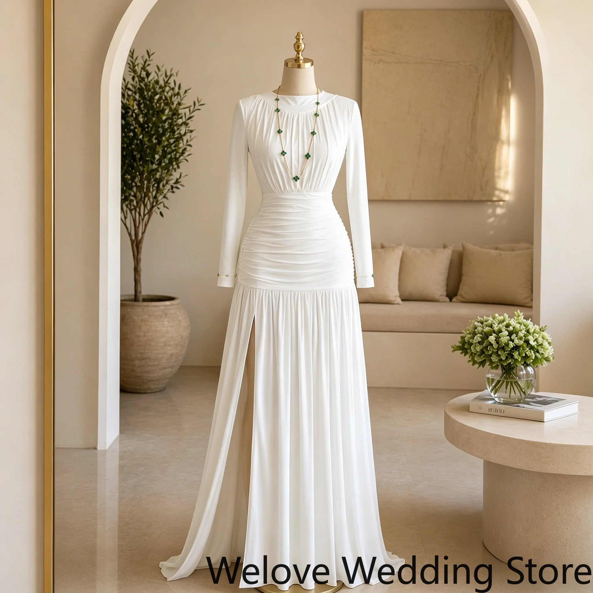 White Formal Evening Gown With High Neckline, Long Sleeves, Ruched Fitted Waist, High Thigh Slit, Soft Flowy Chiffon Fabric
White Formal Evening Gown With High Neckline, Long Sleeves, Ruched Fitted Waist, High Thigh Slit, Soft Flowy Chiffon Fabric