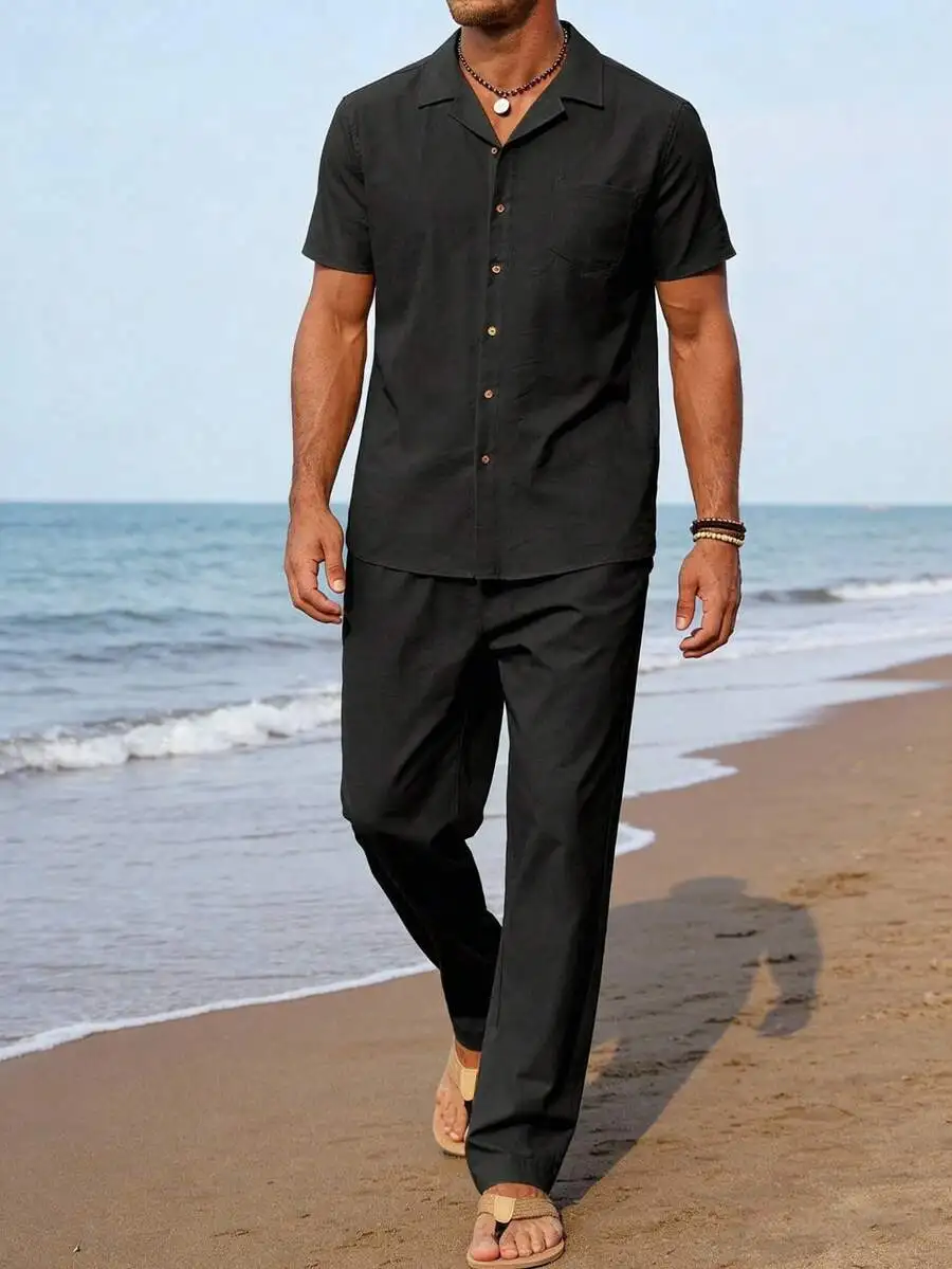 Mens Casual Two-Piece Set: Short Sleeve Button-Up Shirt And Trousers - Solid Color, Lightweight
Mens Casual Two-Piece Set: Short Sleeve Button-Up Shirt And Trousers - Solid Color, Lightweight