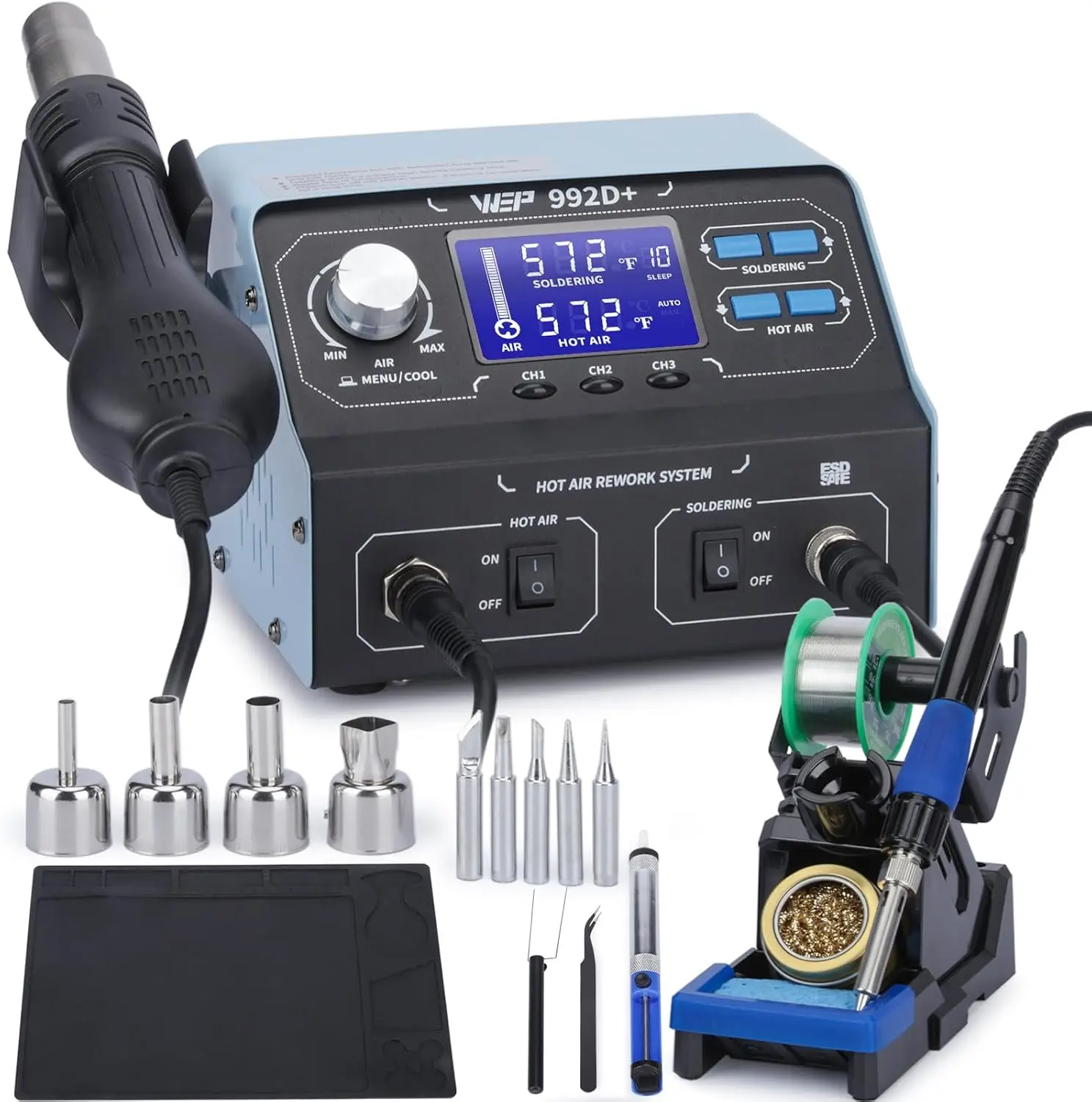 2-in-1 Soldering Iron & Hot Air Rework Station with LCD Display, 3 Preset Channels, Sleep Mode, 5 Tips, Desoldering Pump
2-in-1 Soldering Iron & Hot Air Rework Station with LCD Display, 3 Preset Channels, Sleep Mode, 5 Tips, Desoldering Pump